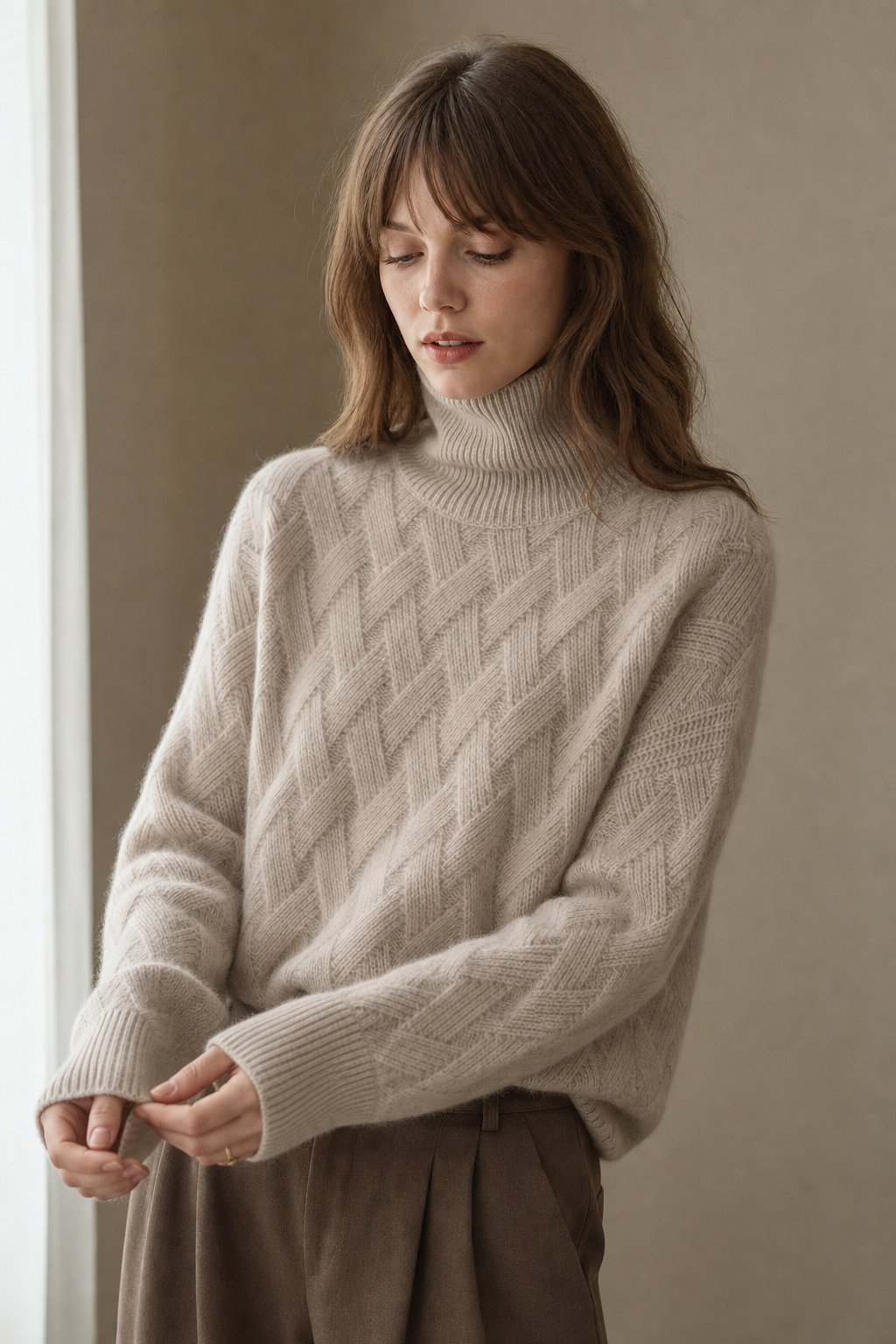 Women's Cable Knit Turtleneck Sweater with Long Sleeves and Relaxed Fit