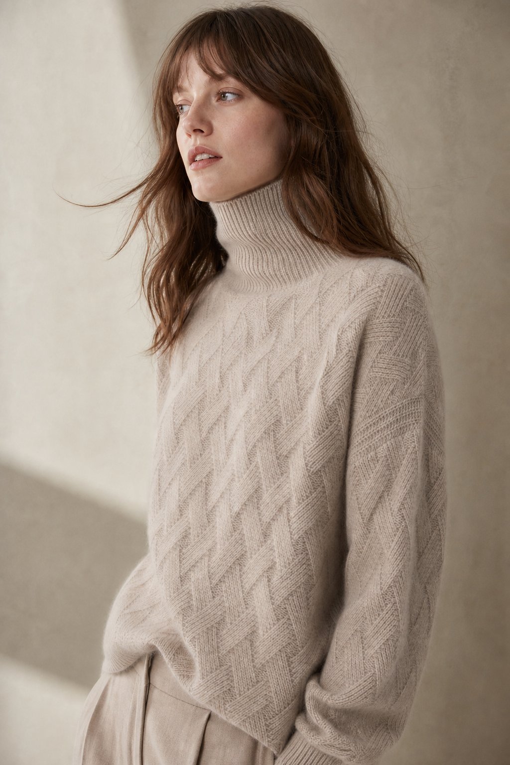 Women's Cable Knit Turtleneck Sweater with Long Sleeves and Relaxed Fit