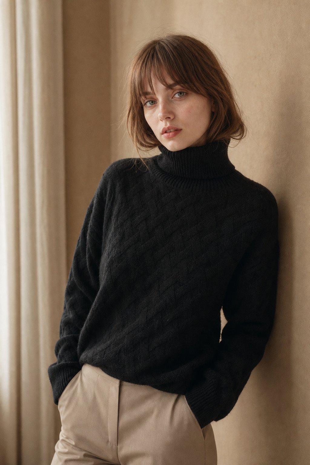 Women's Cable Knit Turtleneck Sweater with Long Sleeves and Relaxed Fit