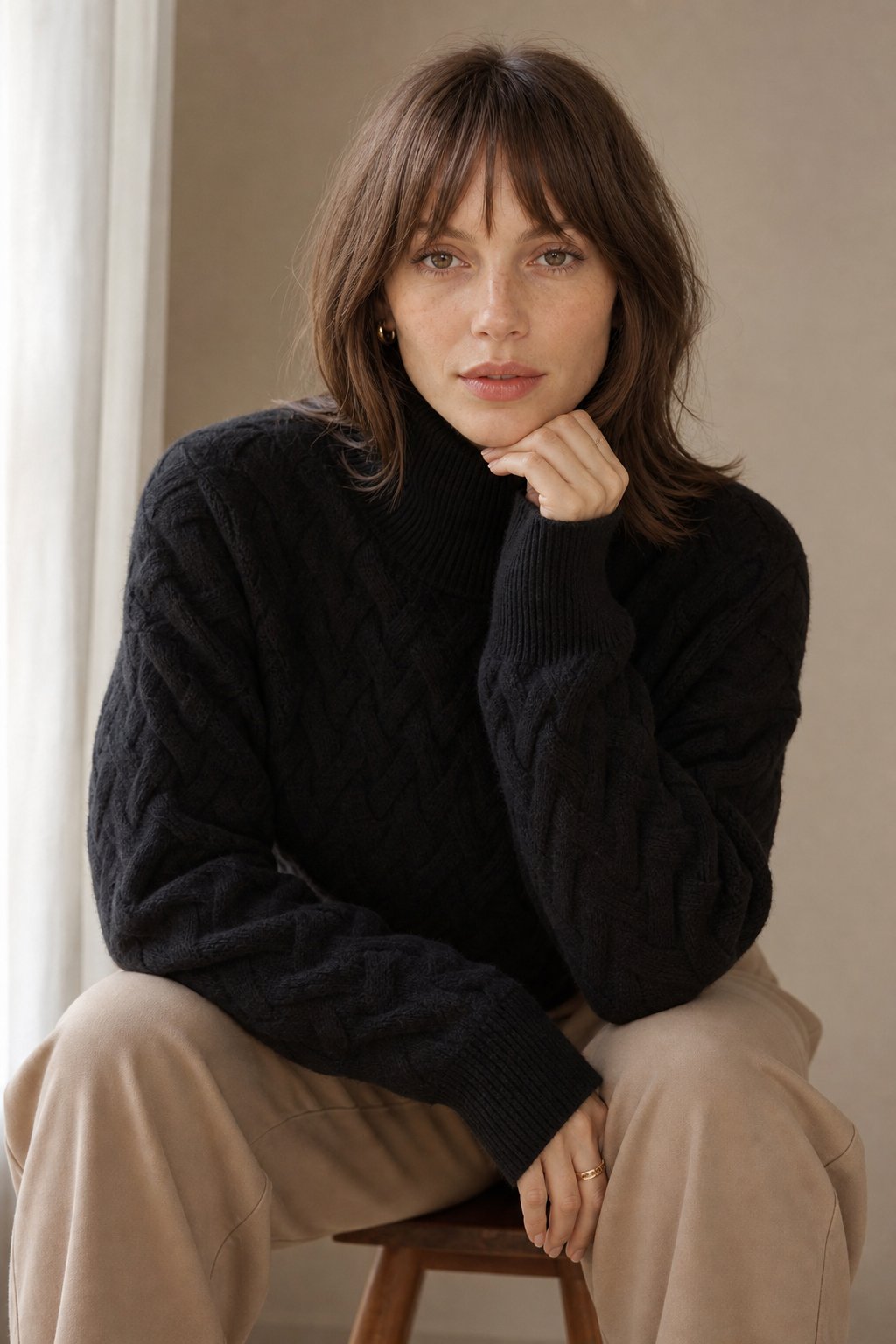 Women's Cable Knit Turtleneck Sweater with Long Sleeves and Relaxed Fit