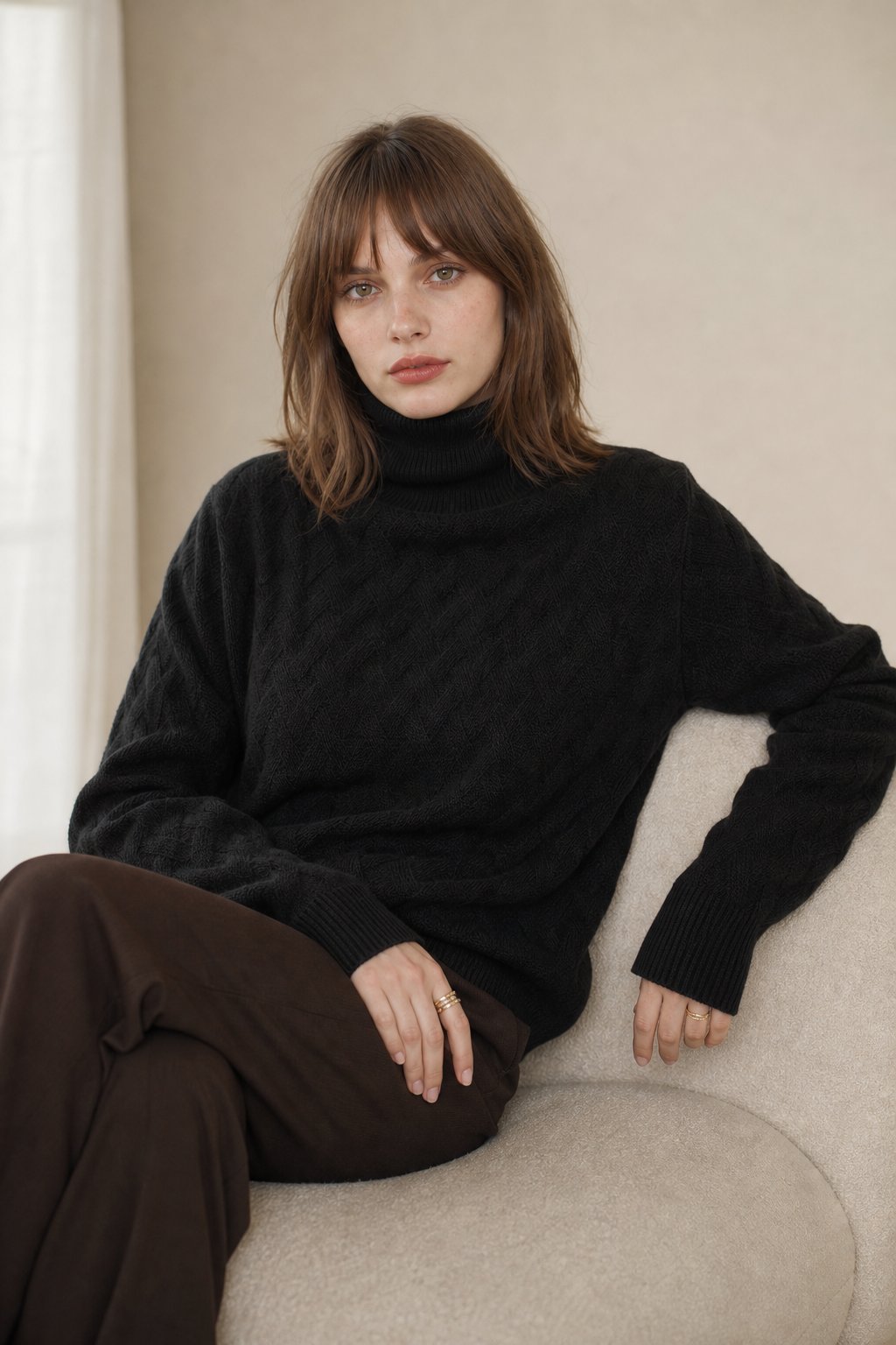 Women's Cable Knit Turtleneck Sweater with Long Sleeves and Relaxed Fit