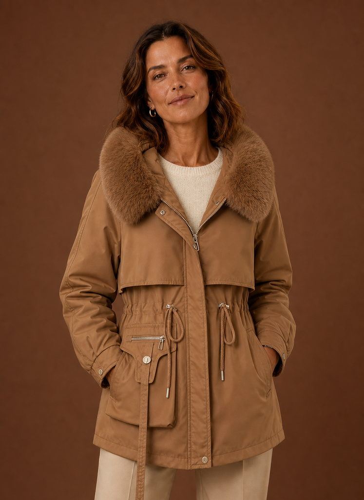 Women's Hooded Parka Jacket with Faux Fur Trim and Drawstring Waist