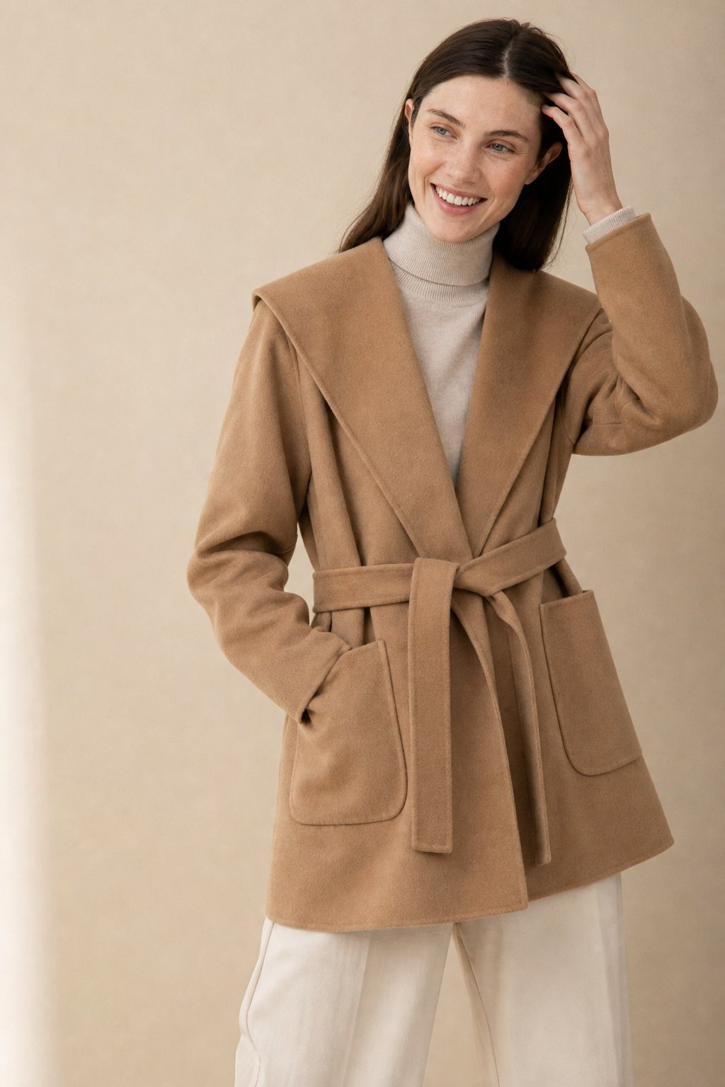 Women's Belted Hooded Wool Blend Coat with Patch Pockets