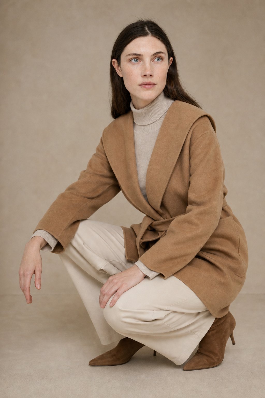 Women's Belted Hooded Wool Blend Coat with Patch Pockets