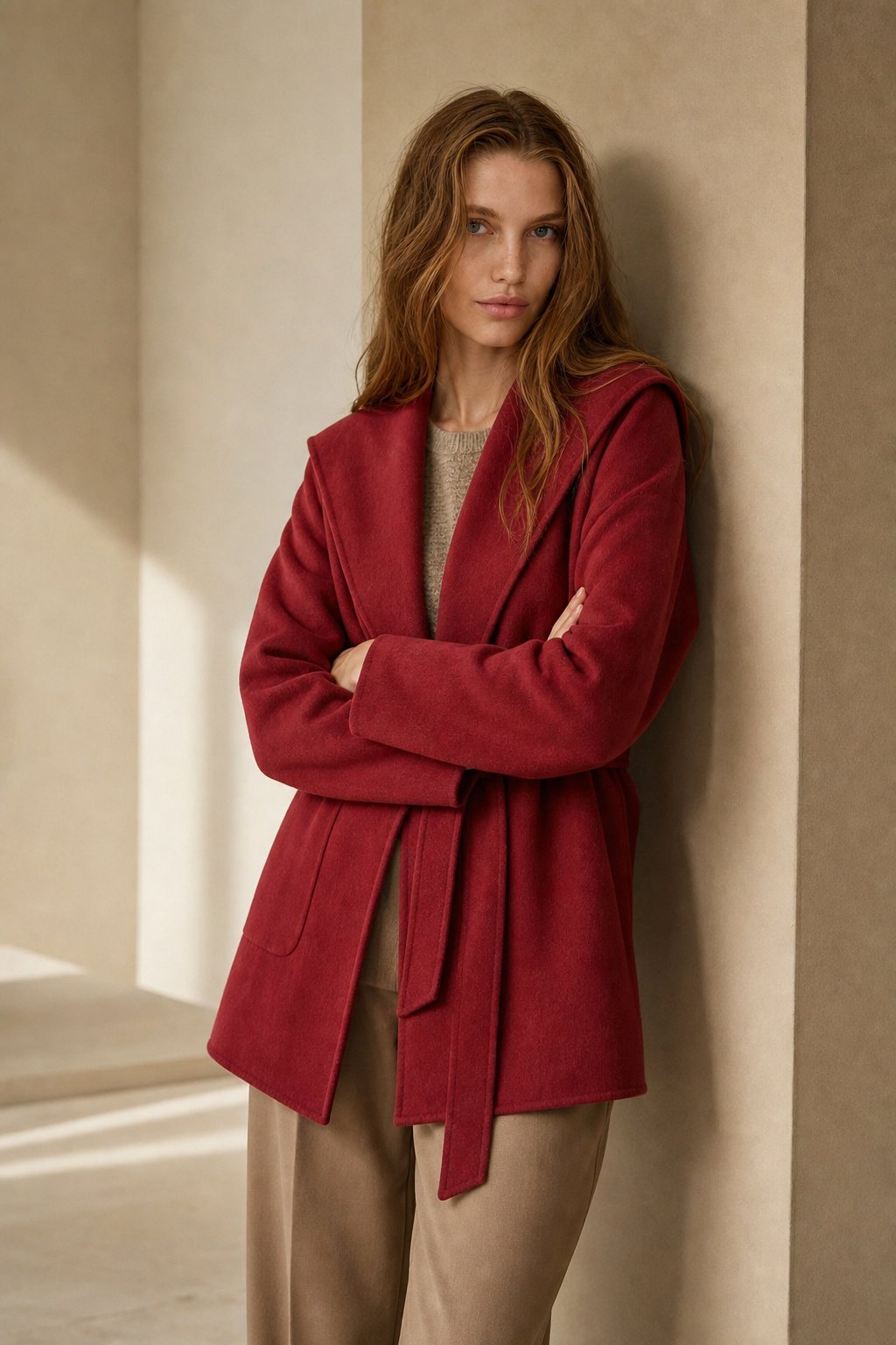 Women's Belted Hooded Wool Blend Coat with Patch Pockets