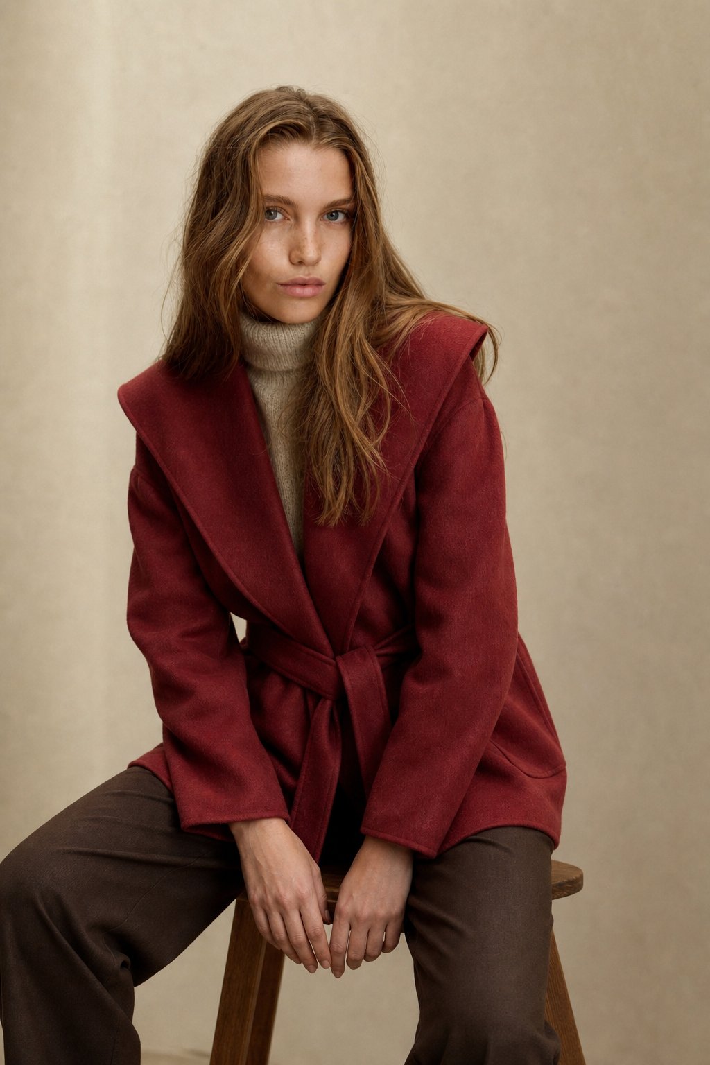 Women's Belted Hooded Wool Blend Coat with Patch Pockets