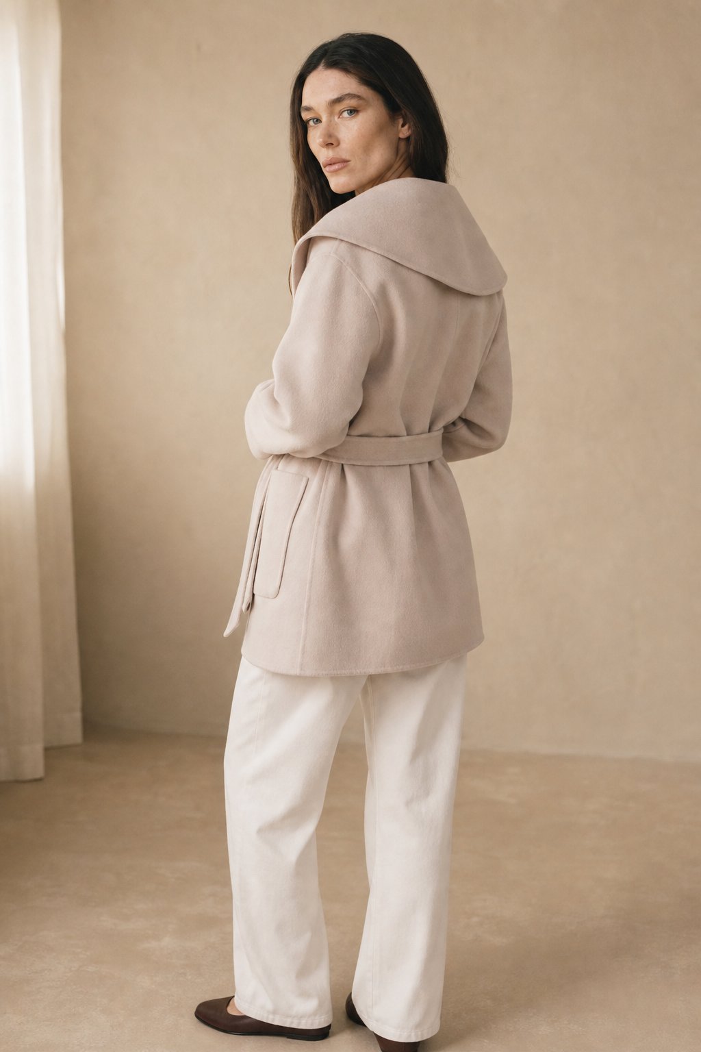 Women's Belted Hooded Wool Blend Coat with Patch Pockets