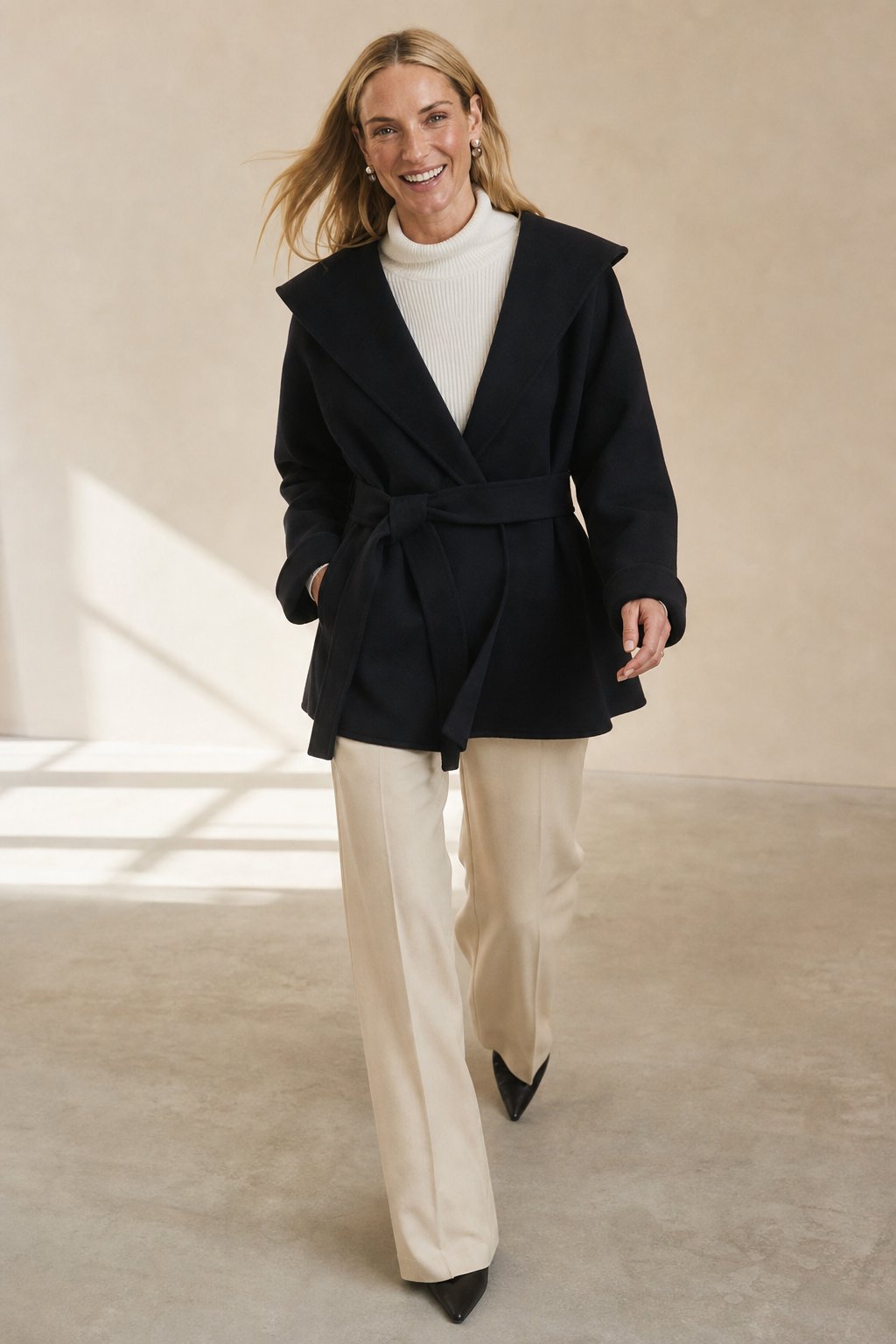 Women's Belted Hooded Wool Blend Coat with Patch Pockets