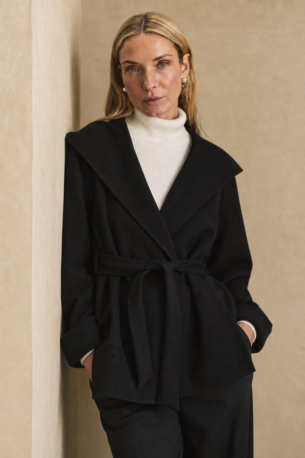 Women's Belted Hooded Wool Blend Coat with Patch Pockets