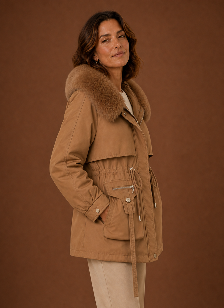 Women's Hooded Parka Jacket with Faux Fur Trim and Drawstring Waist