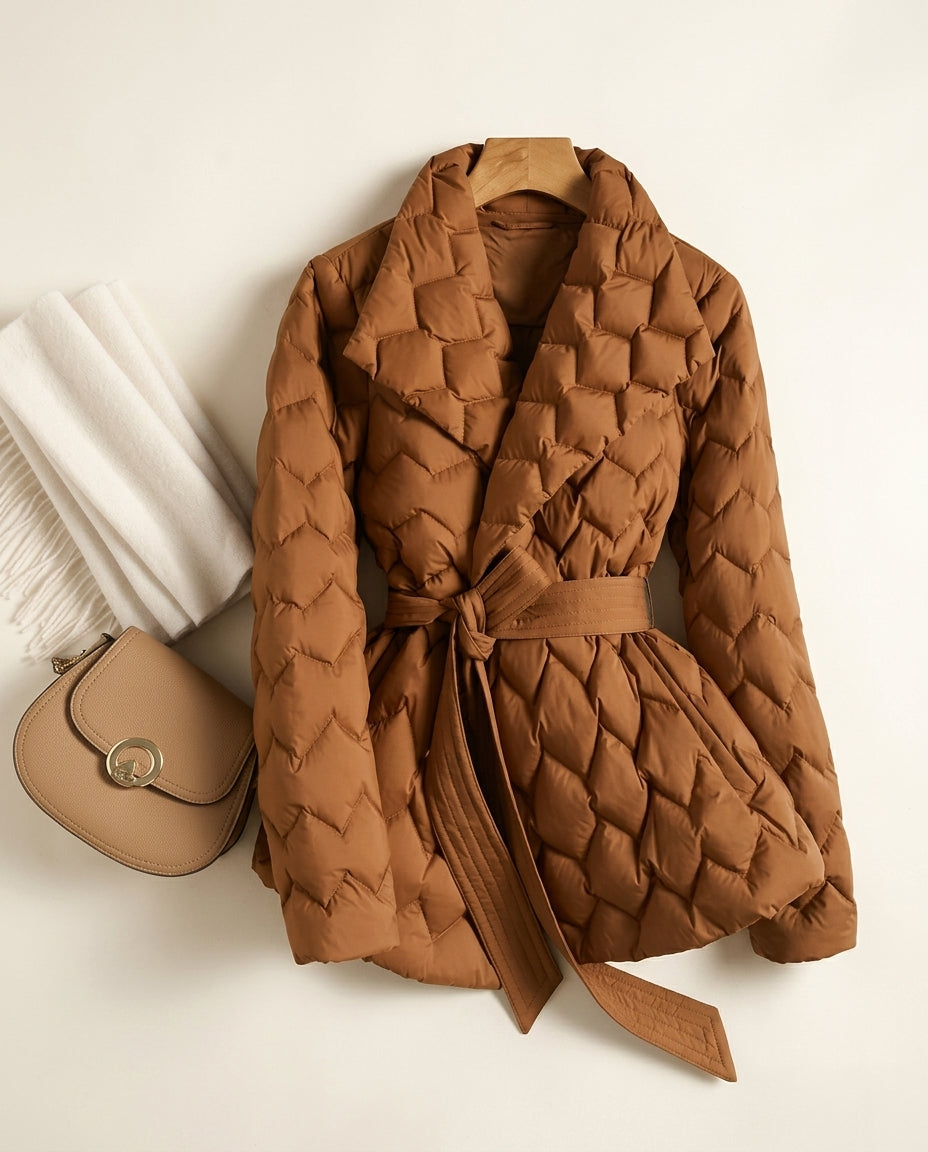 Women's Lightweight Quilted Wrap Jacket with Tie Belt and Notched Collar