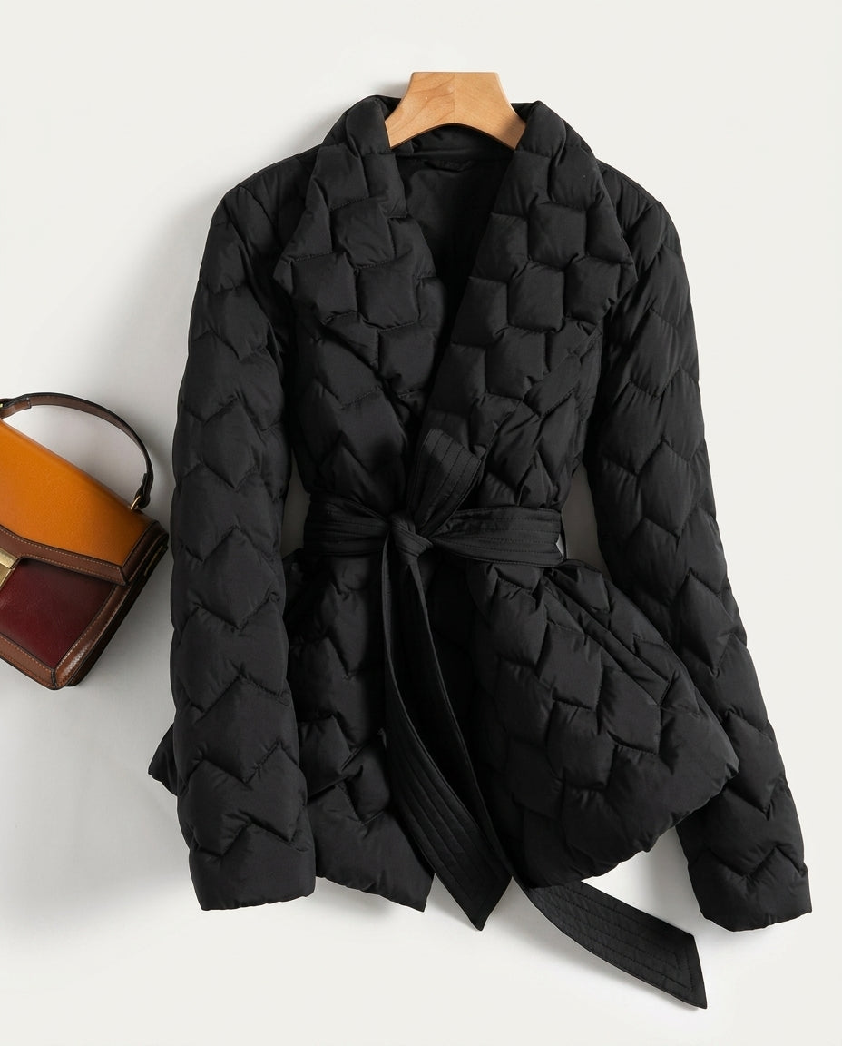 Women's Lightweight Quilted Wrap Jacket with Tie Belt and Notched Collar