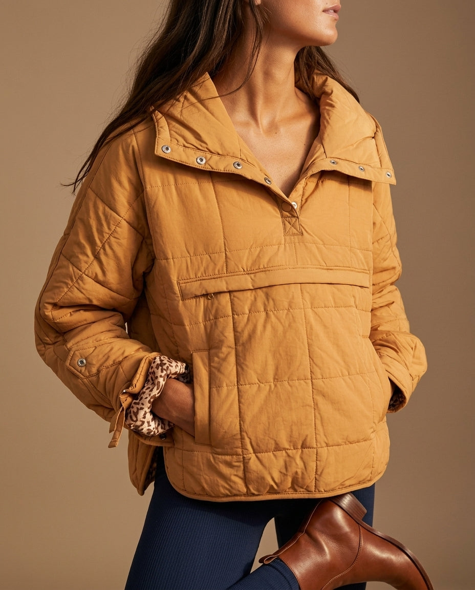 Women's Lightweight Quilted Hooded Puffer Jacket with Half Button Front
