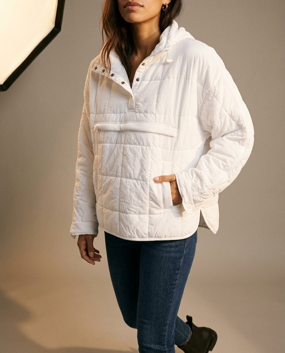 Women's Lightweight Quilted Hooded Puffer Jacket with Half Button Front