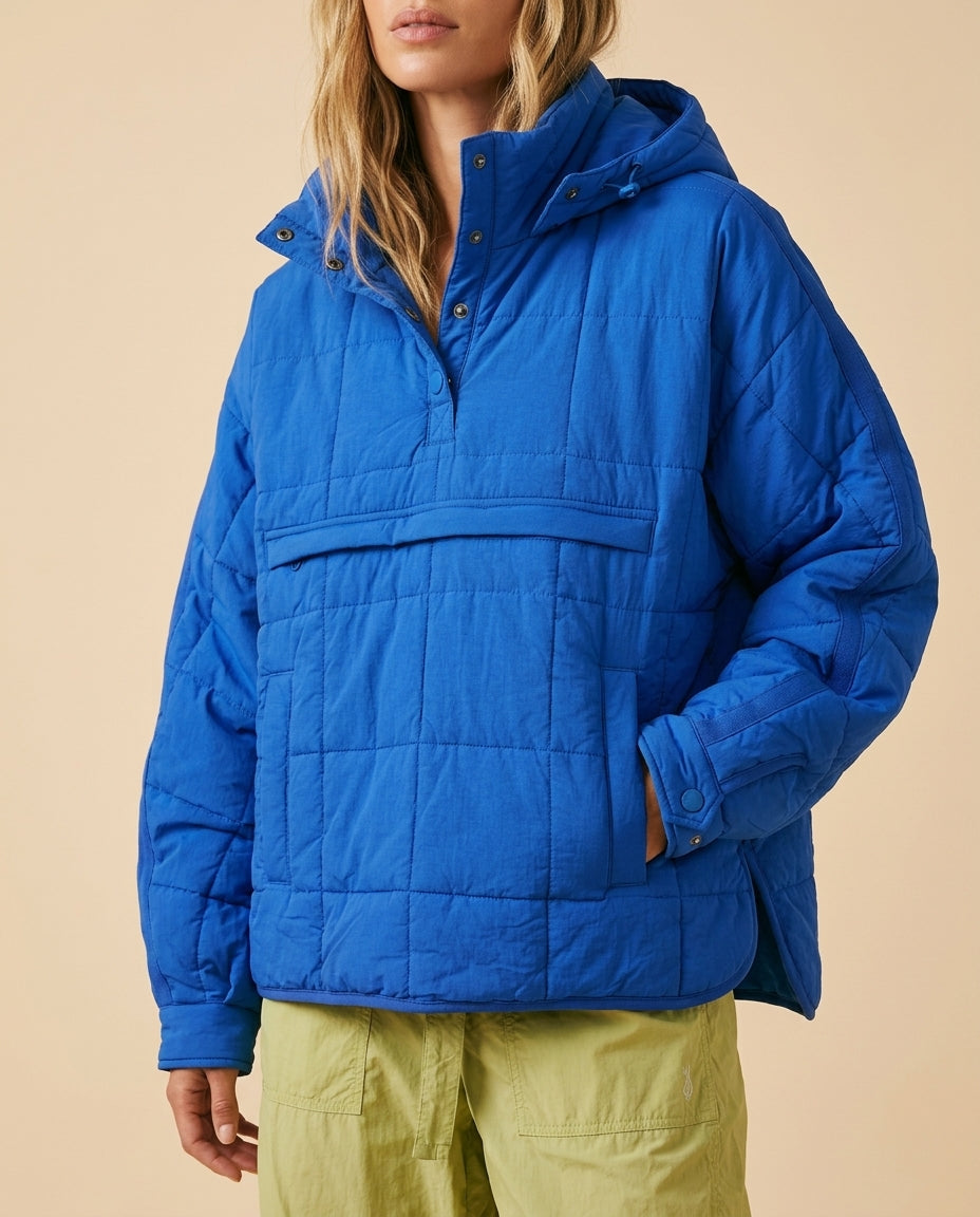Women's Lightweight Quilted Hooded Puffer Jacket with Half Button Front