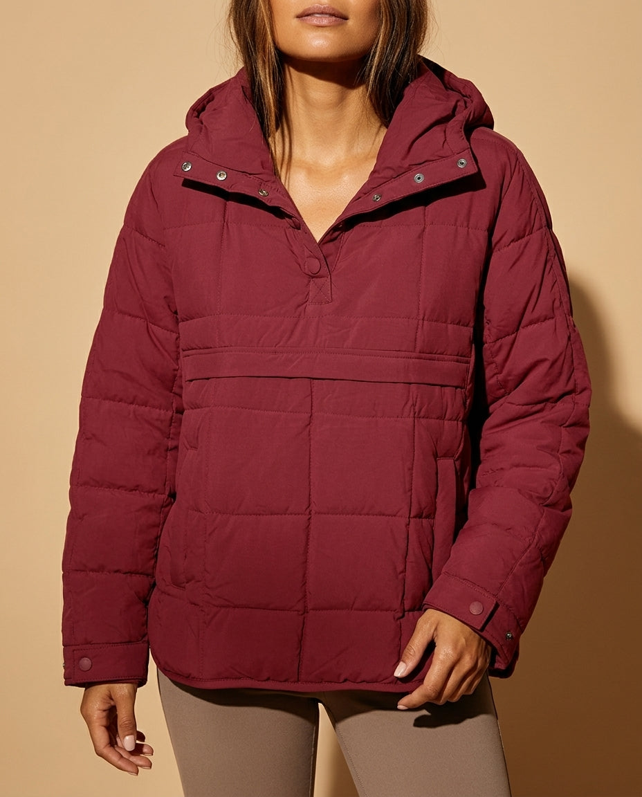 Women's Lightweight Quilted Hooded Puffer Jacket with Half Button Front