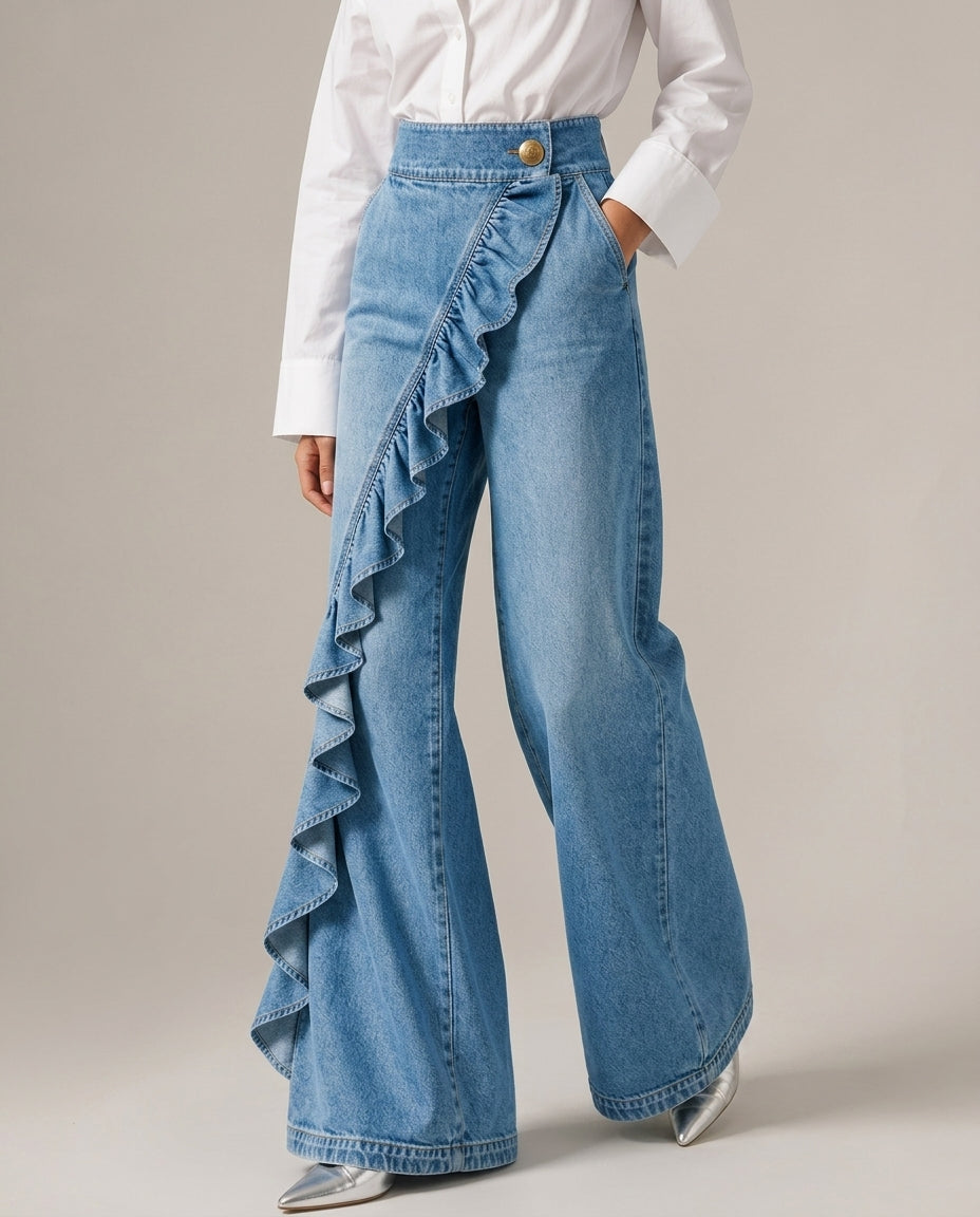 Women's High Waist Wide Leg Jeans with Cascading Ruffle Detail