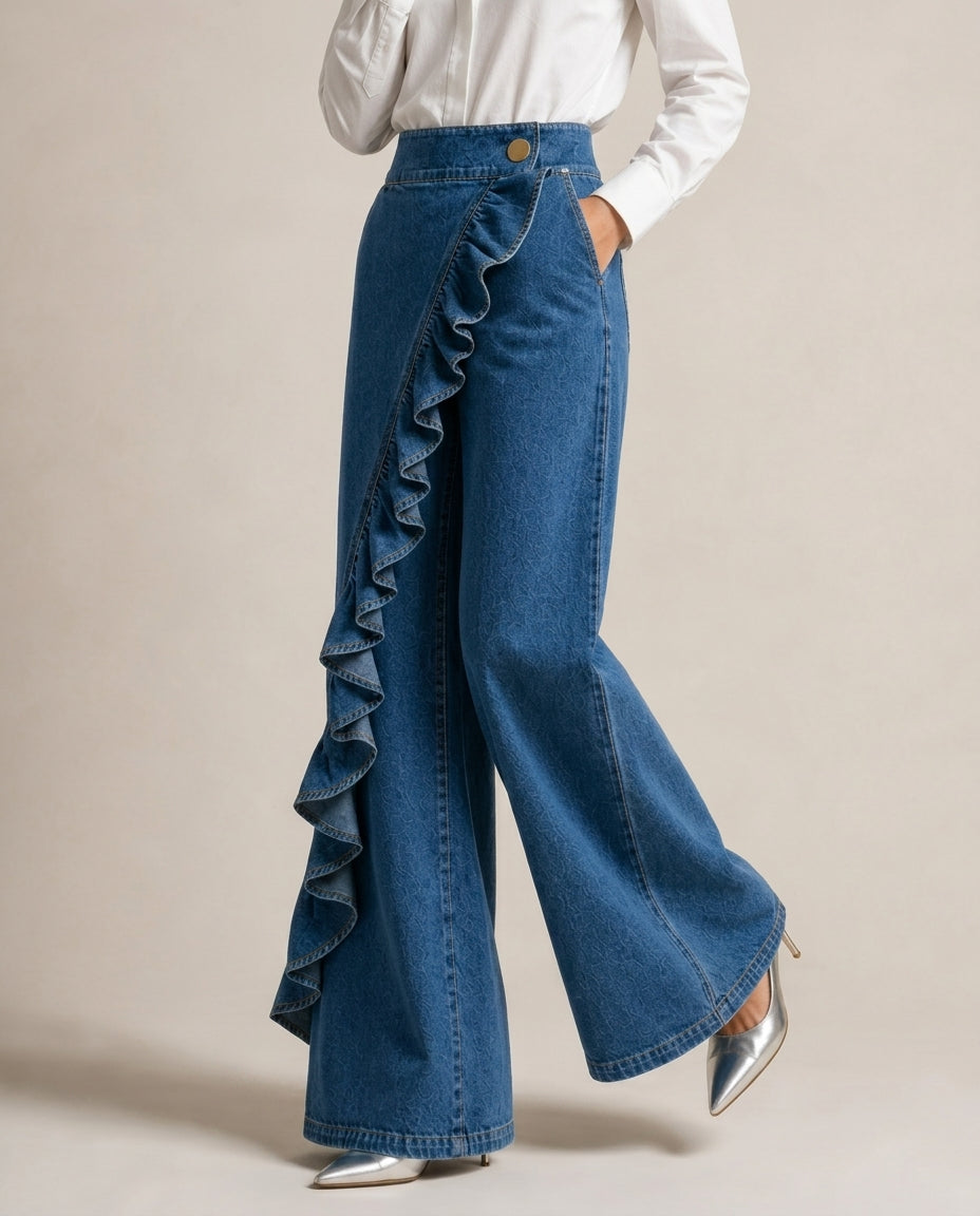 Women's High Waist Wide Leg Jeans with Cascading Ruffle Detail