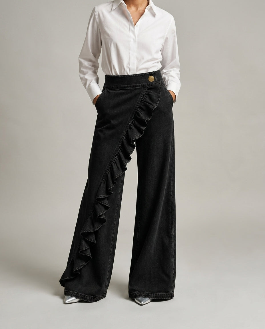 Women's High Waist Wide Leg Jeans with Cascading Ruffle Detail