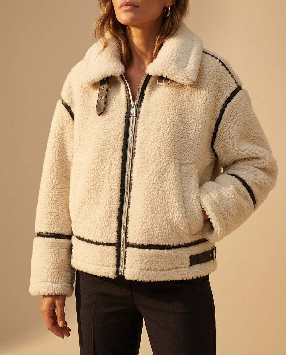 Women's Sherpa Fleece Jacket with Contrast Trim and Buckle Straps