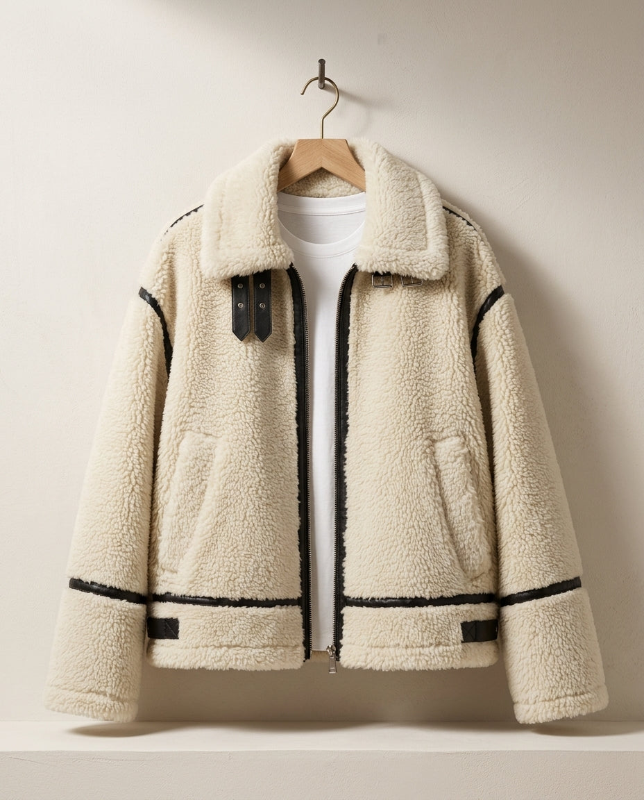 Women's Sherpa Fleece Jacket with Contrast Trim and Buckle Straps