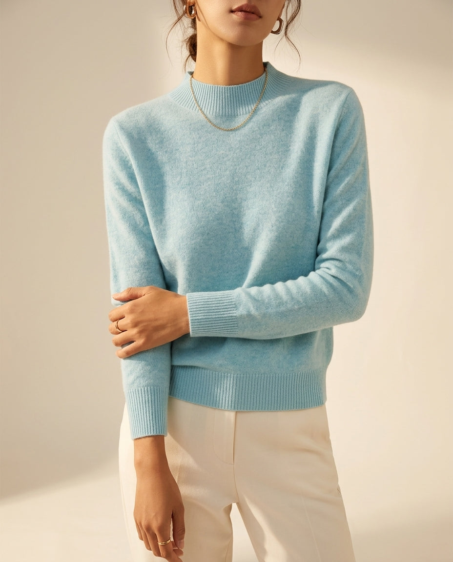 Women's Cashmere Mock Neck Sweater with Ribbed Trim