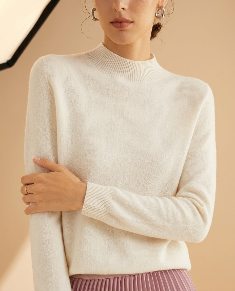 Women's Cashmere Mock Neck Sweater with Ribbed Trim