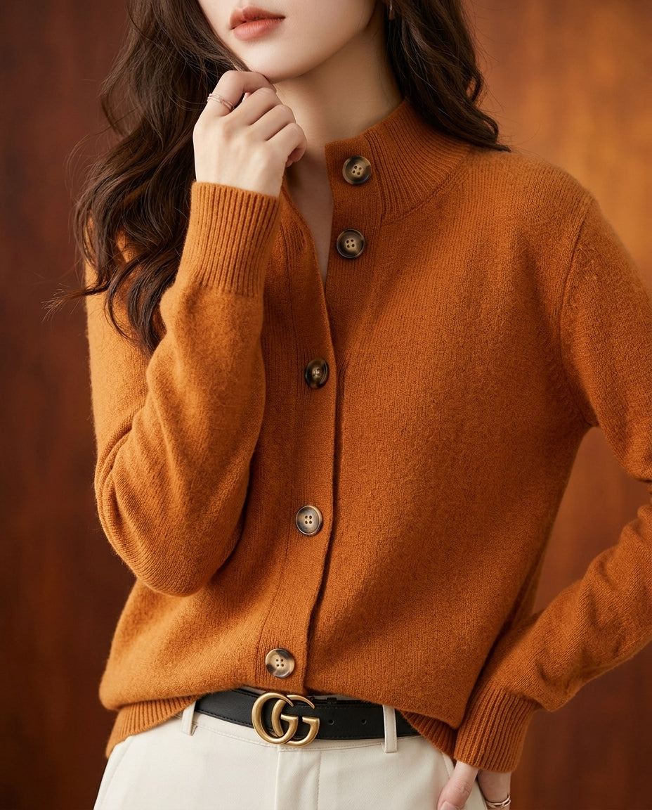 Women's Wool Blend Knit Cardigan with Ribbed Collar and Button Front