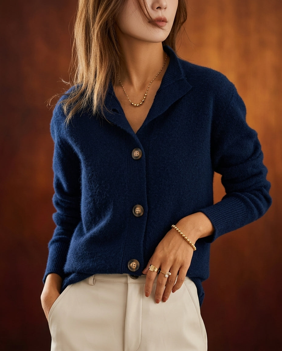 Women's Wool Blend Knit Cardigan with Ribbed Collar and Button Front