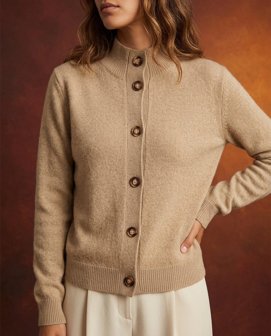 Women's Wool Blend Knit Cardigan with Ribbed Collar and Button Front