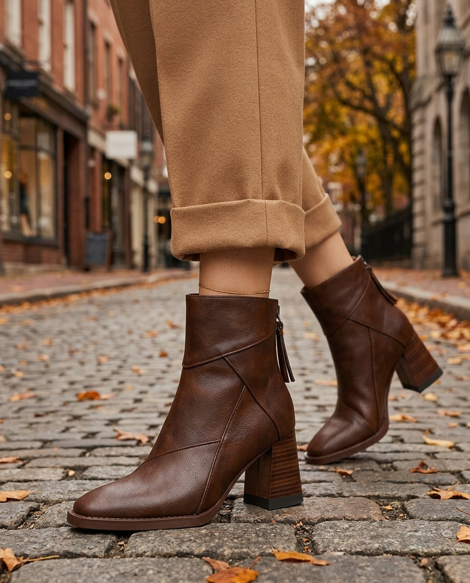 Women's Leather Ankle Boots with Block Heel and Architectural Stitching