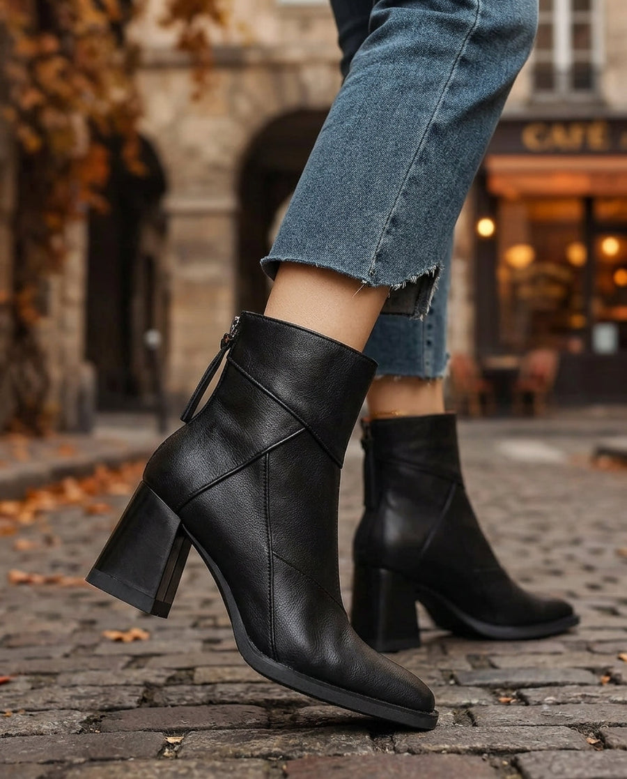 Women's Leather Ankle Boots with Block Heel and Architectural Stitching