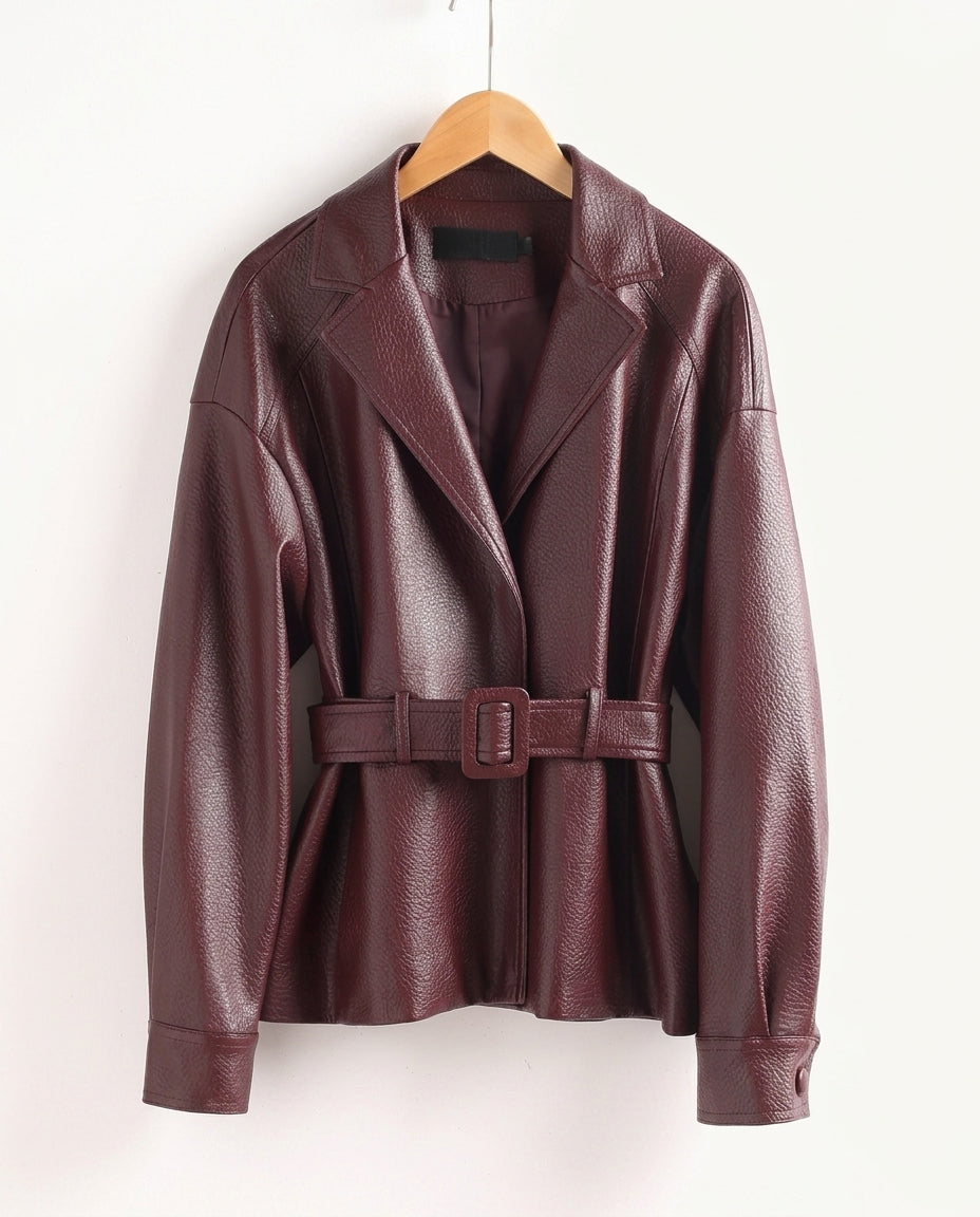 Women's Belted Sheepskin Leather Jacket with Wide Lapels and Pockets