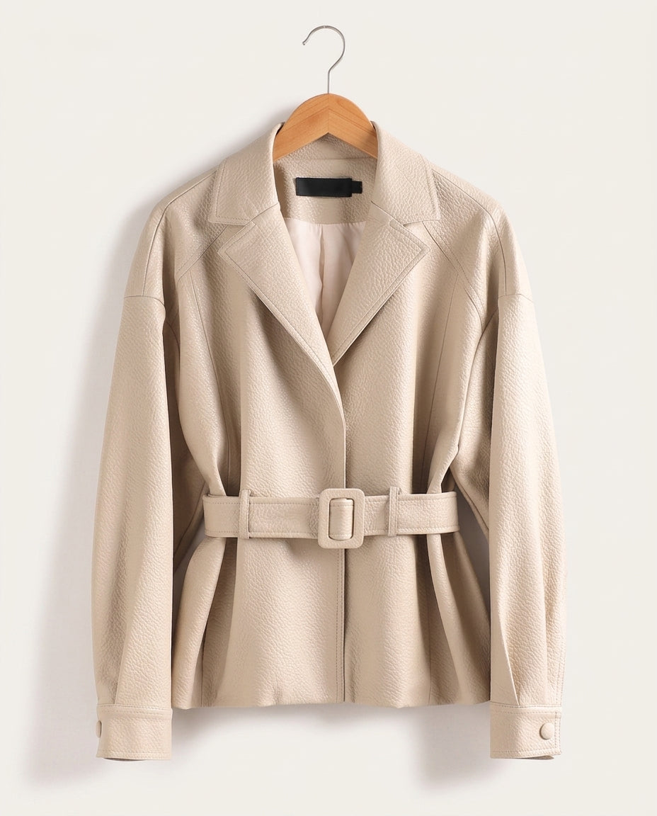 Women's Belted Sheepskin Leather Jacket with Wide Lapels and Pockets