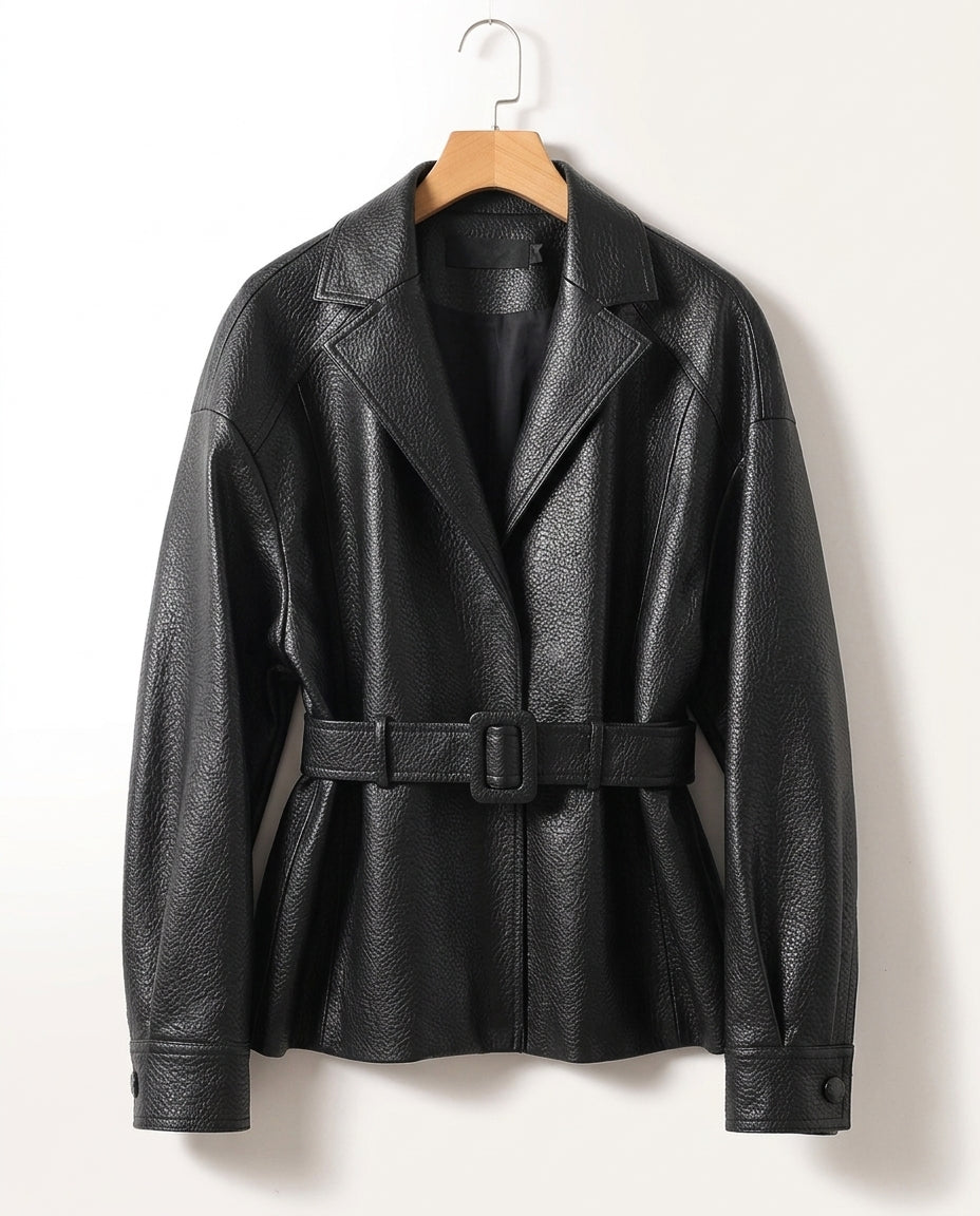 Women's Belted Sheepskin Leather Jacket with Wide Lapels and Pockets