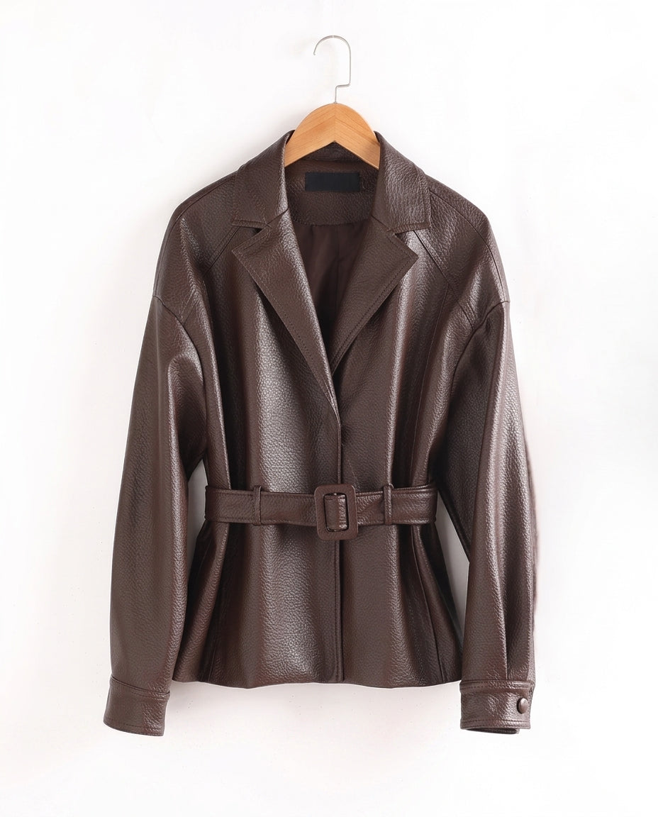 Women's Belted Sheepskin Leather Jacket with Wide Lapels and Pockets