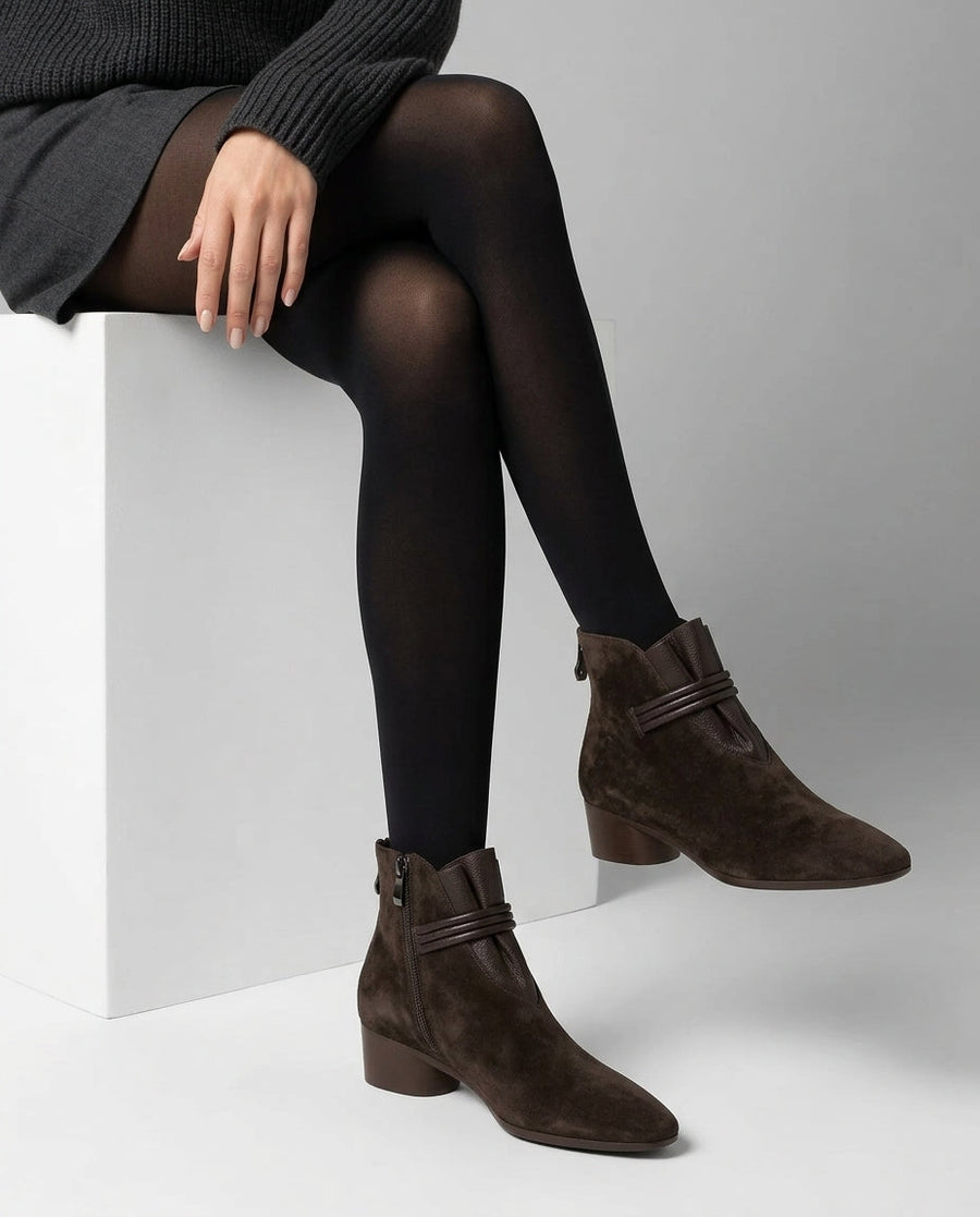 Women's Pointed Toe Suede Ankle Boots with Low Block Heel and Side Zip