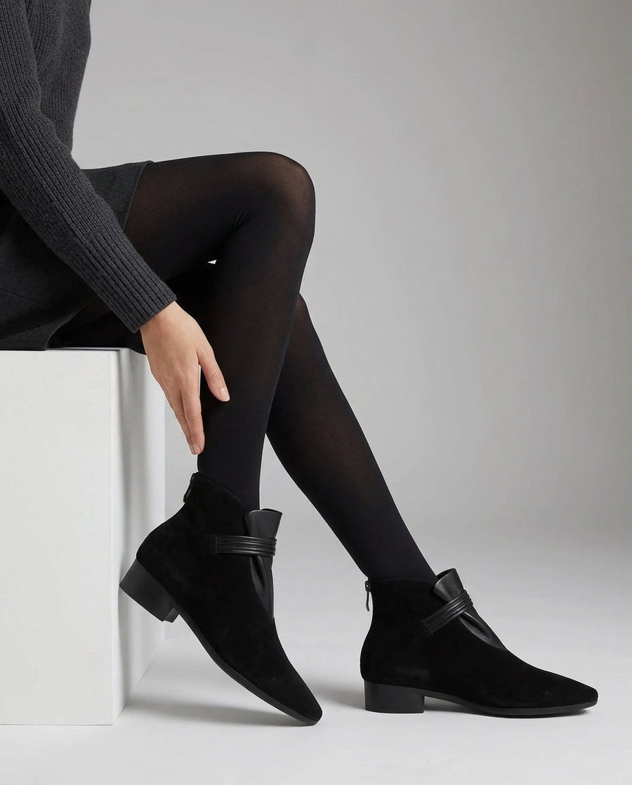 Women's Pointed Toe Suede Ankle Boots with Low Block Heel and Side Zip