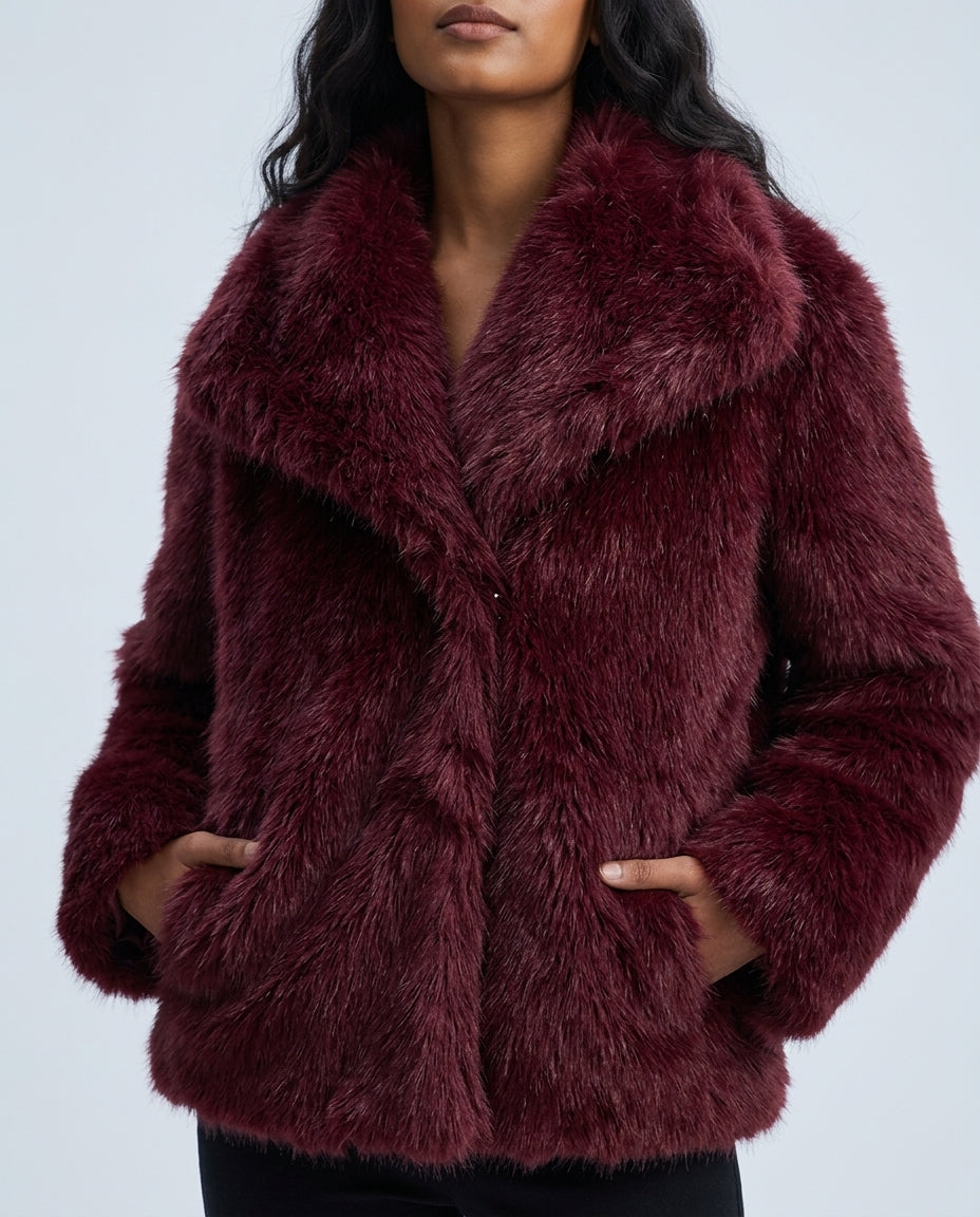 Women's Faux Fur Coat with Wide Lapels and Front Pockets