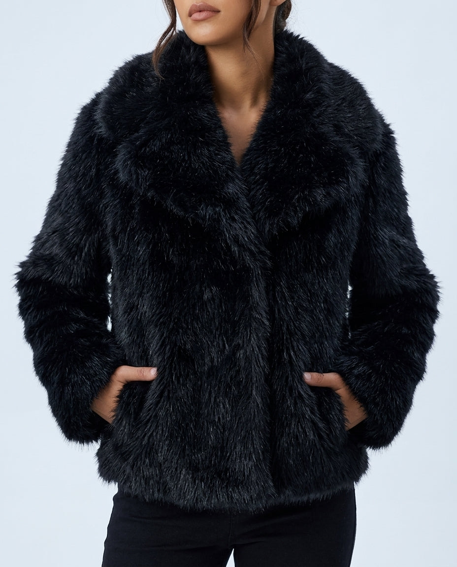 Women's Faux Fur Coat with Wide Lapels and Front Pockets