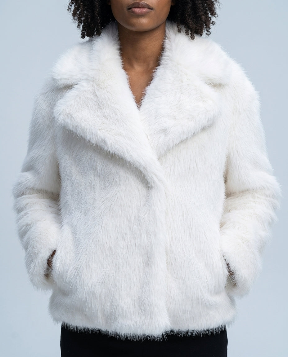 Women's Faux Fur Coat with Wide Lapels and Front Pockets