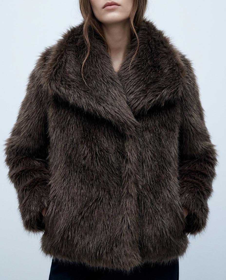 Women's Faux Fur Coat with Wide Lapels and Front Pockets