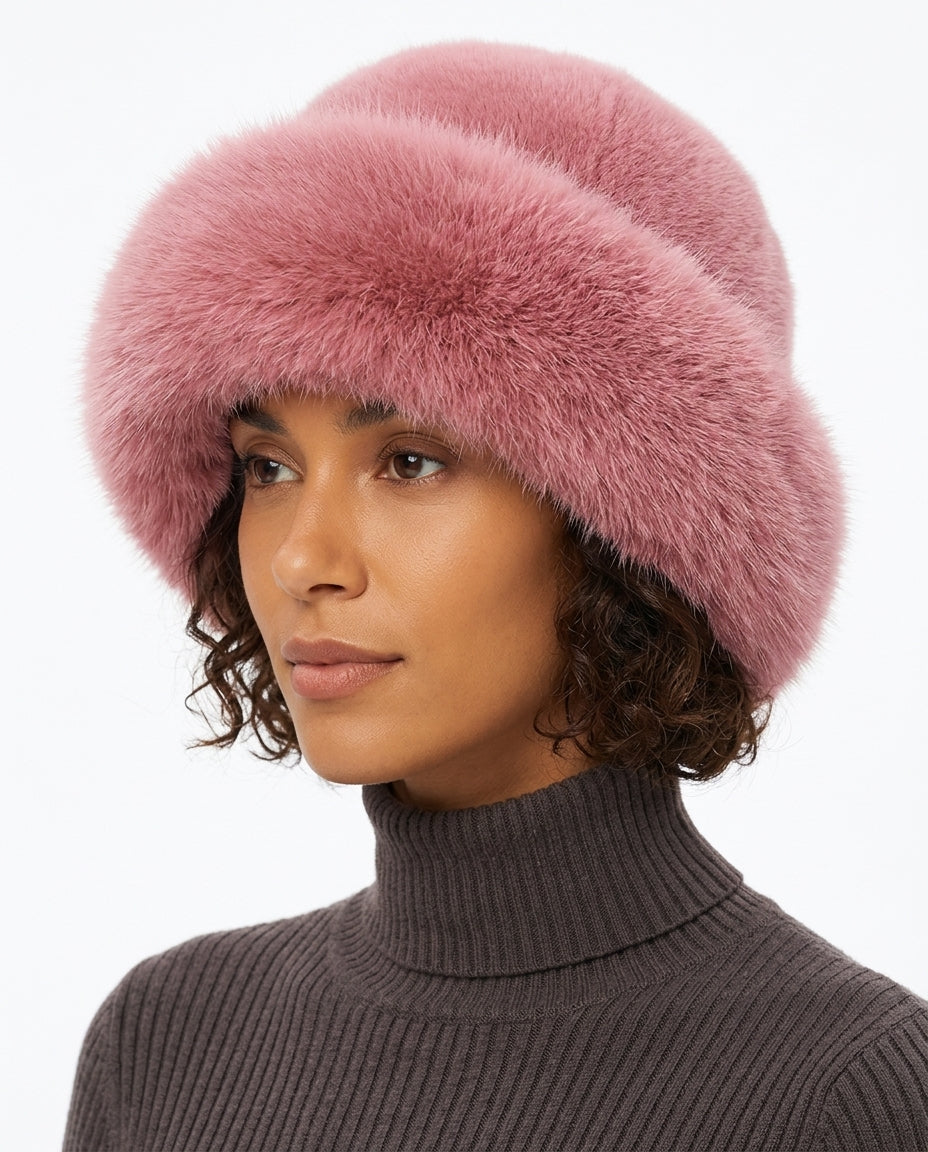 Women's Fluffy Faux Fur Bucket Hat with Plush Texture
