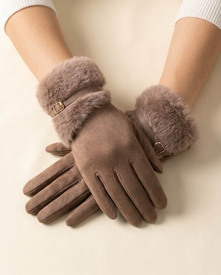 Women's Faux Fur Cuff Gloves with Leather Strap and Touchscreen Fingers