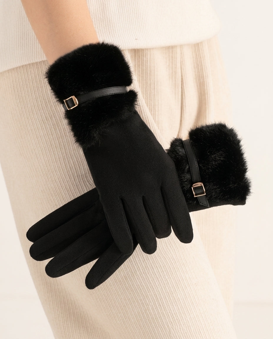 Women's Faux Fur Cuff Gloves with Leather Strap and Touchscreen Fingers