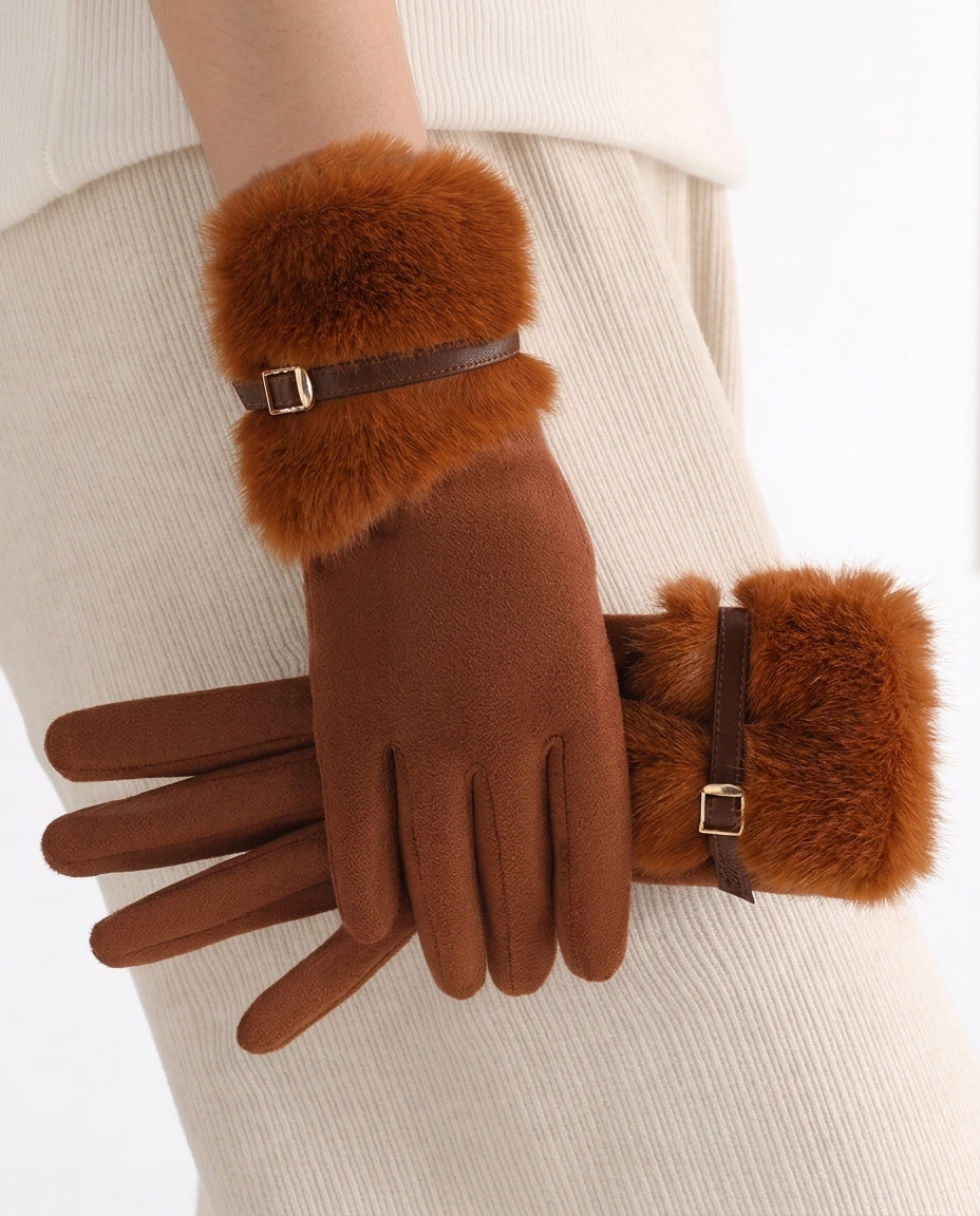 Women's Faux Fur Cuff Gloves with Leather Strap and Touchscreen Fingers