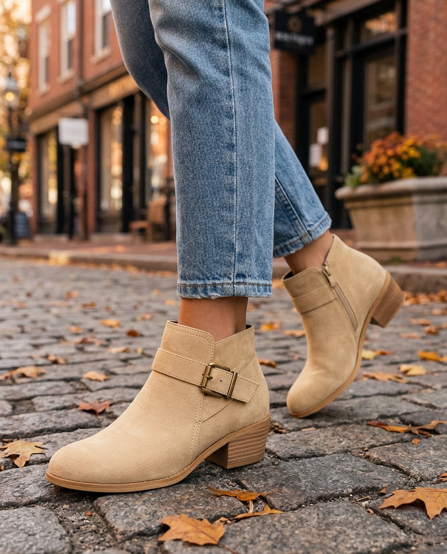 Women's Orthopedic Suede Ankle Boots with Side Zip and Block Heel