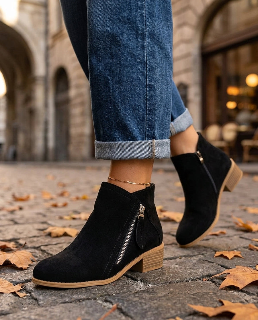 Women's Orthopedic Suede Ankle Boots with Side Zip and Block Heel