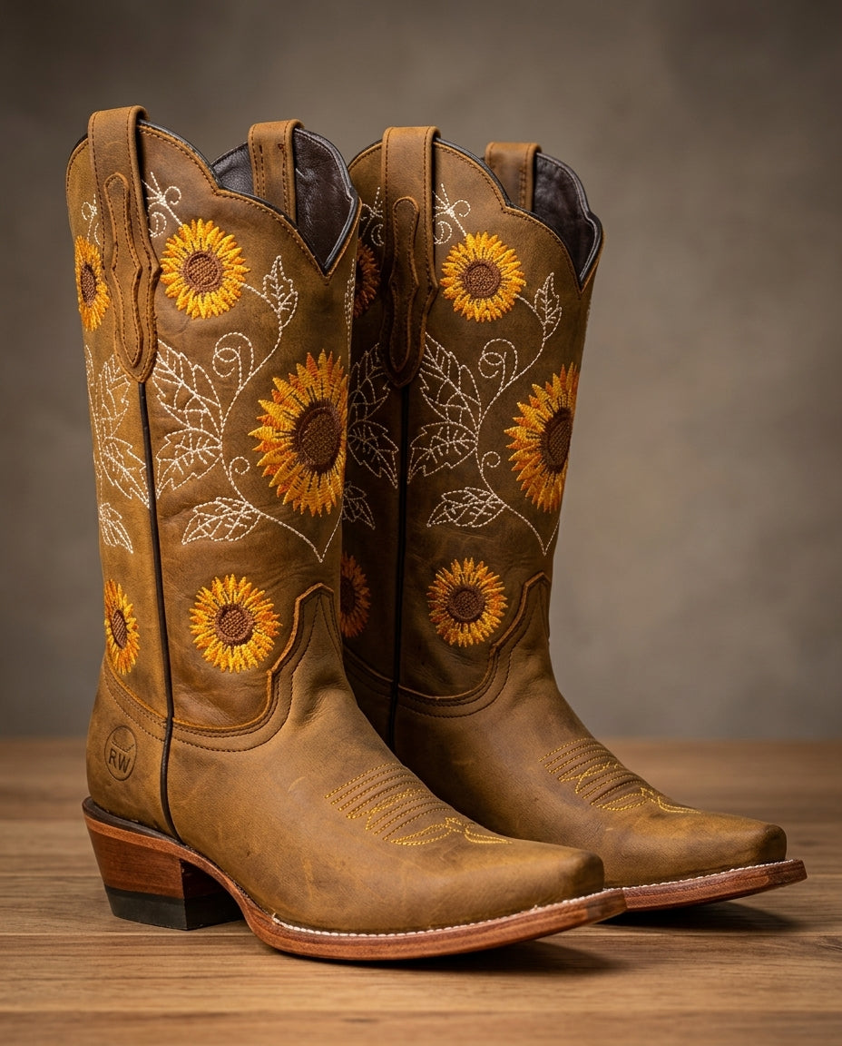 Women's Sunflower Embroidered Western Boots with Pointed Toe and Block Heel