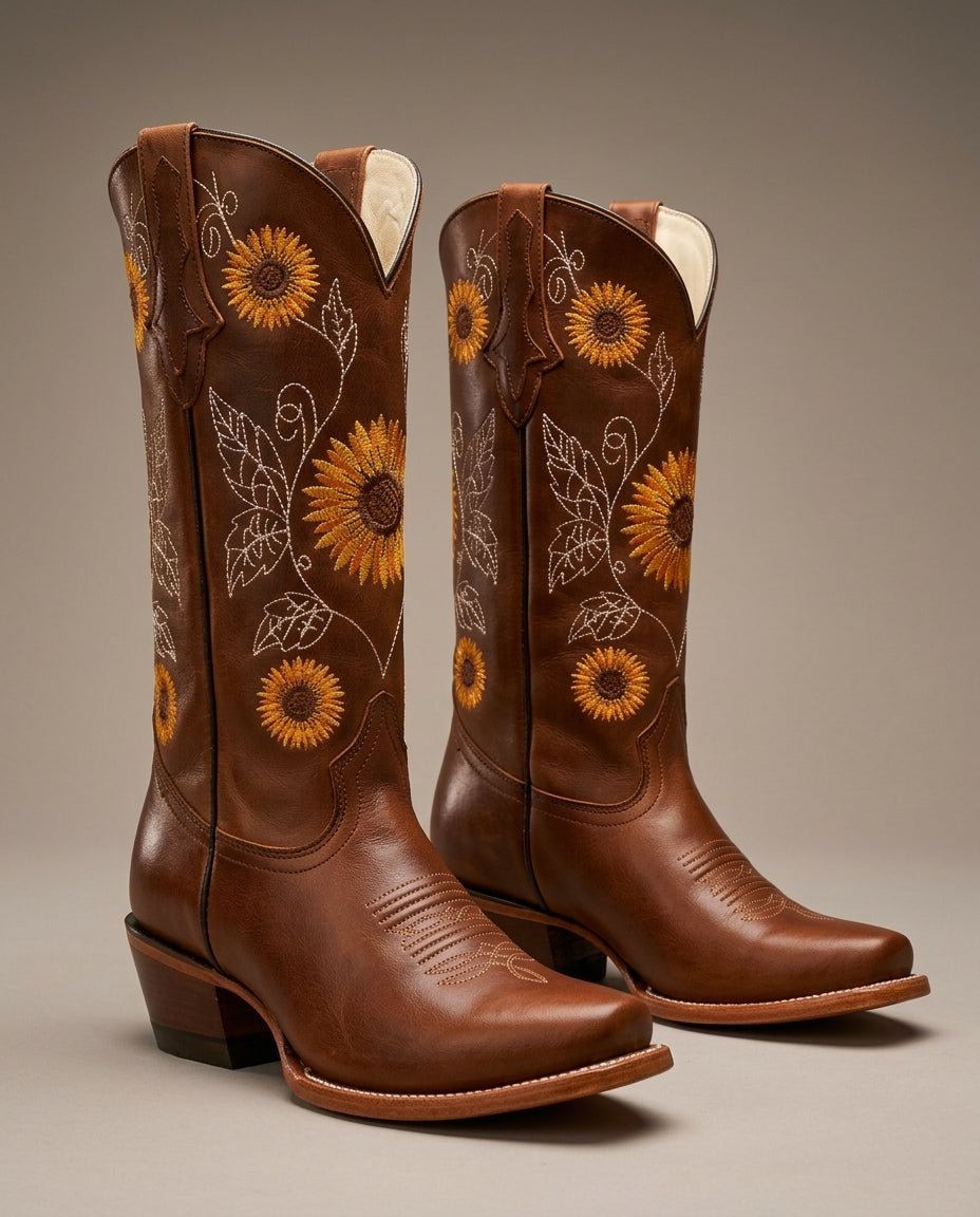 Women's Sunflower Embroidered Western Boots with Pointed Toe and Block Heel